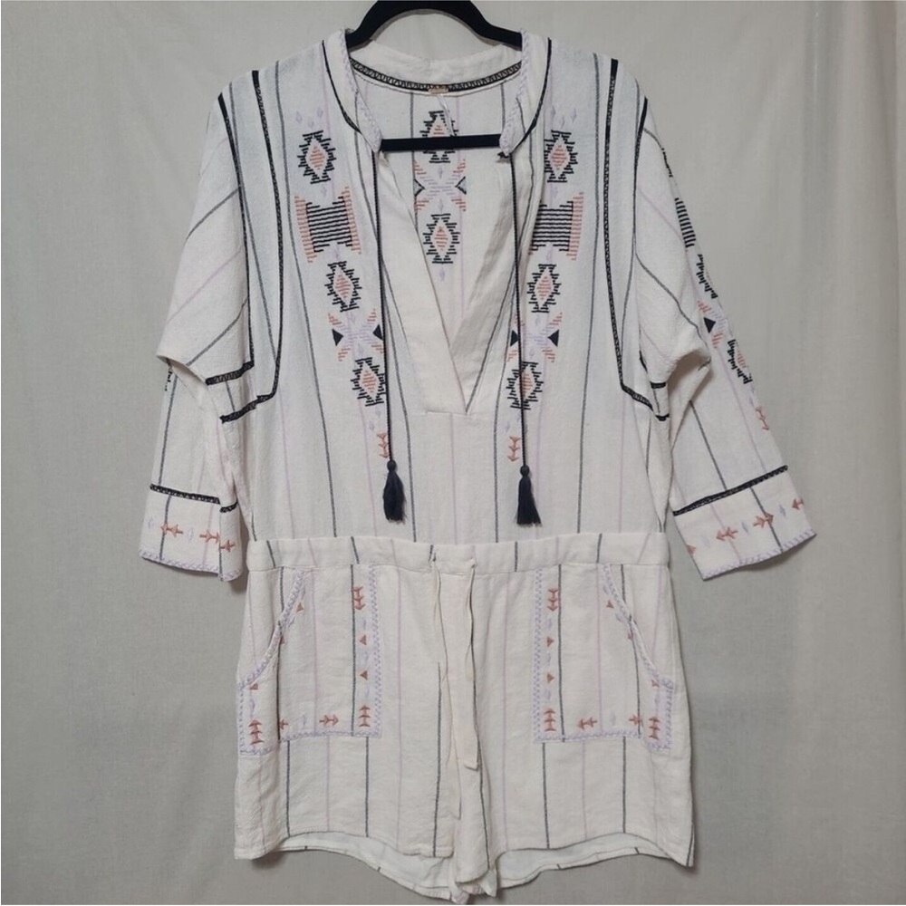 Free People Aztec Romper Womens Medium Baja Shorts Ivory Embroidered Festival